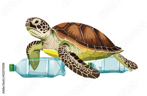 Cartoon Turtle Burdened by Plastic Garbage
