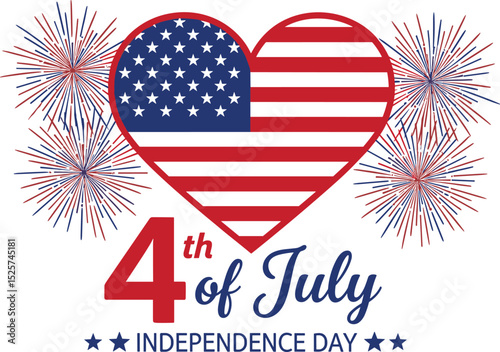 4th of July, United Stated Independence day text Banner with USA Flag in heart shape and fireworks. American national holiday. Hand drawn lettering typography design.