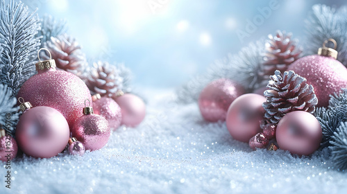 Soft pink Christmas ornaments nestled among frosted pine branches on snowy ground, with a bokeh background