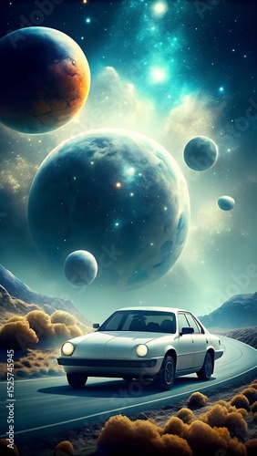Sleek white space vehicle driving through cosmic scenery with stars planets and dark sky featuring a clean zone for custom business logo laralara for creating ads news for text
