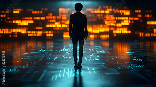 Person in dark suit stands before glowing tech background with grid-like floor reflections