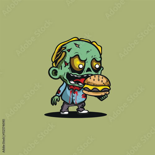 Zombie eating burger logo illustration design template