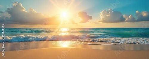 Golden hour sunlight bathes a pristine beach in summer, waves gently lapping the shore Perfect for travel, vacation, and summer holiday themes , sky, sunshine