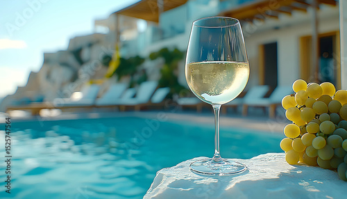 A glass of white wine stands near a pool with grapes, a luxurious villa on a sunny day, calm turquoise waters
