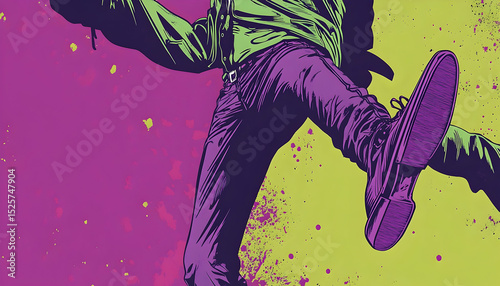 Person dynamically leaps into frame with bold green shirt & purple pants over a splatter painted background