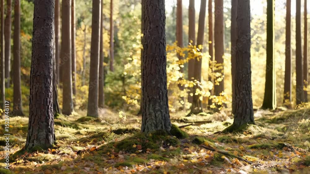 Peaceful woodland scene with tall tree trunks, mossy ground, and sunlight filtering through foliage creating a serene and natural environment Peaceful woodland scene with tall tree trunks, mossy ground, and sunlight filtering through foliage creating a serene and natural environment