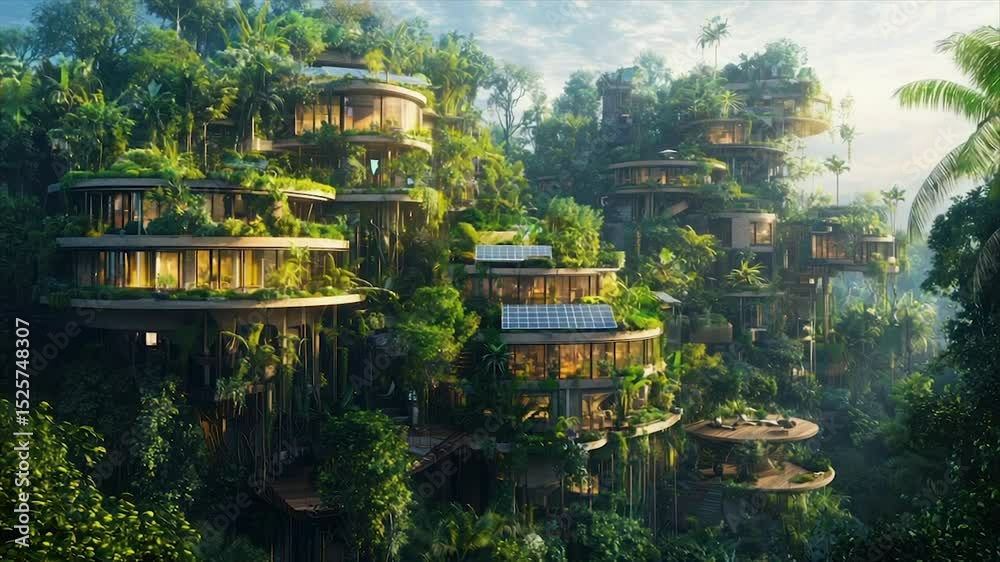 Sustainable eco-villages nestled amidst lush tropical forests, showcasing circular architecture and integrated green spaces. Sustainable eco-villages nestled amidst lush tropical forests, showcasing circular architecture and integrated green spaces.