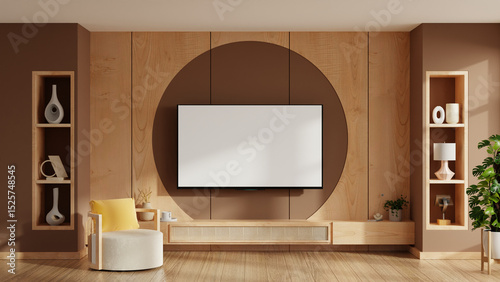 Modern living room interior featuring a built-in flat screen TV mounted on a wooden wall with circular accent design- 3D rendering