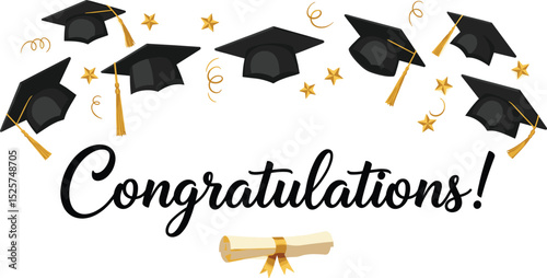 Graduation greeting lettering sign with square academic caps high into the air. Vector design for grad, congratulation ceremony, invitation card, banner. Grads symbol for university,
