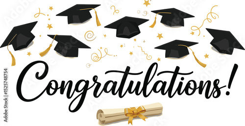 Graduation greeting lettering sign with square academic caps high into the air. Vector design for grad, congratulation ceremony, invitation card, banner. Grads symbol for university,