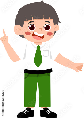 Animated Boy in Uniform with Idea, Pointing Upward.