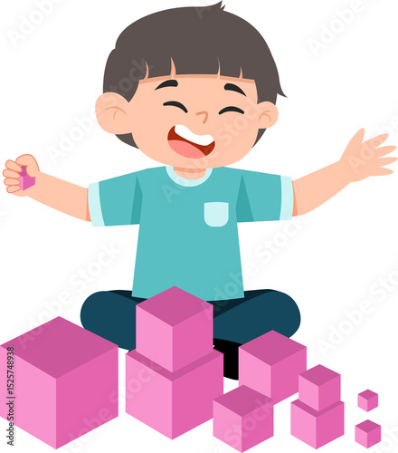 Joyful boy with arms outstretched, playing with pink blocks in a pyramid stack.