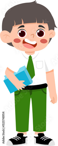 Smiling Schoolboy in Green Uniform Holding a Book.