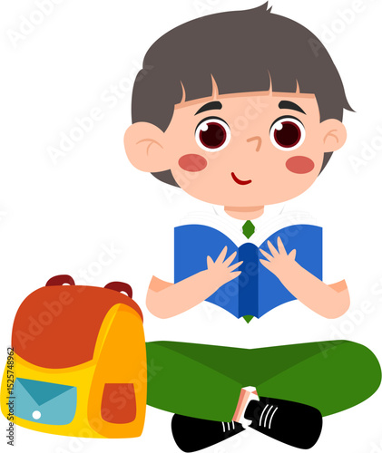 Illustrated Boy Reading a Book, Cross-Legged with Backpack.