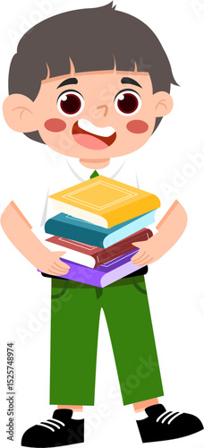 Happy Cartoon Boy Carrying Stack of Colorful Books
