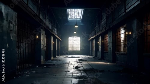 Gloomy interior of a desolate prison block featuring cell bars, worn tile floor, peeling paint, and dim lighting creating a haunted atmosphere with a view to the outside