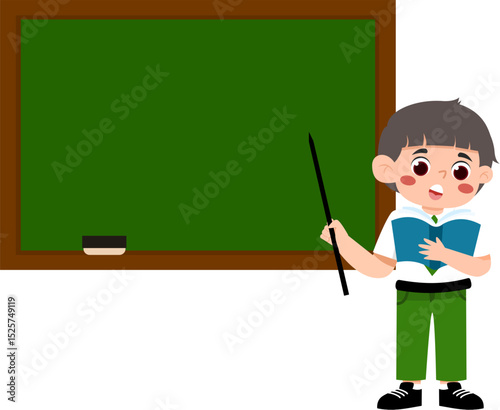 Boy Teaching at Chalkboard with Pointer and Open Book, Cartoon Illustration.