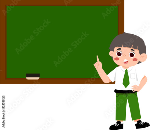 Boy Points to Blank Green Chalkboard with Eraser, School Illustration.
