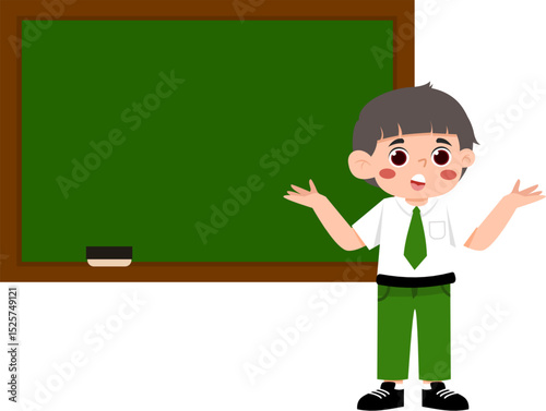 Boy Presenting at Green Chalkboard, Educational Illustration.