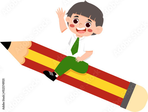 Boy in school uniform riding flying pencil, waving hello, education concept illustration.