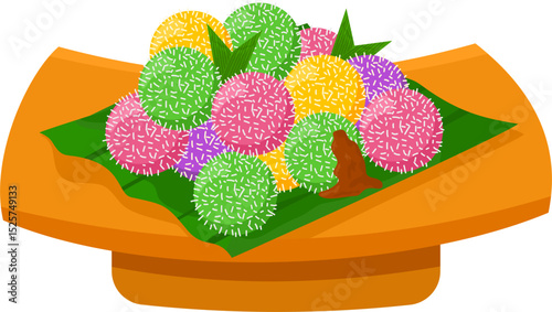 Colorful Sprinkled Rice Balls on Banana Leaves, Brown Serving Tray.