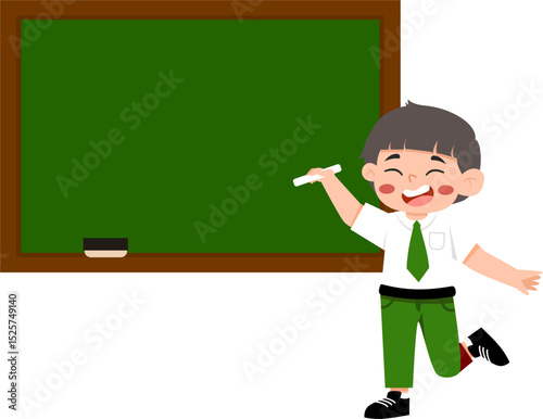 Happy Student at Blackboard with Chalk and Eraser, Green and Brown Classroom Illustration