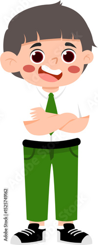 Cartoon Boy in School Uniform with Arms Crossed and Smiling.