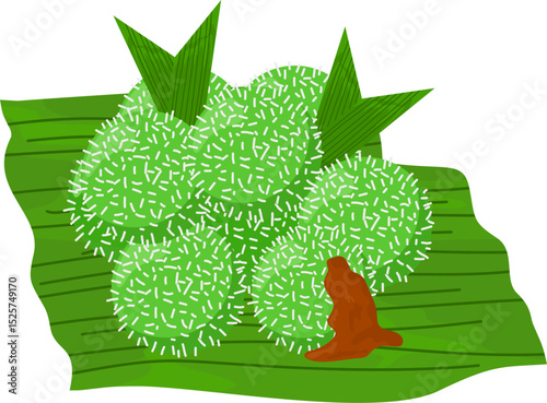 Green glutinous rice balls with grated coconut on banana leaf, palm sugar detail.