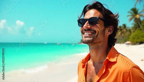 A carefree summer vibe; tanned skin, sunglasses, and a bright shirt against a vibrant beach backdrop Perfect for travel, vacation, or summer lifestyle themes , beach, happy