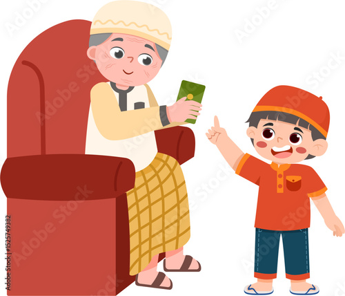 Grandfather teaching grandson about a book in a relaxed setting.