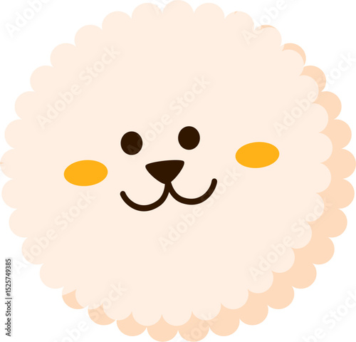 Fluffy Cream Circle Face with Scalloped Edge and Simple Features, Cheerful Illustration