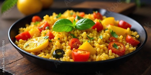 Vibrant Valencian vegetarian paella bursting with saffron-infused rice, artichoke hearts, peppers, and vibrant vegetables A sun-drenched feast of Mediterranean flavors , lifestyle, sun-drenched