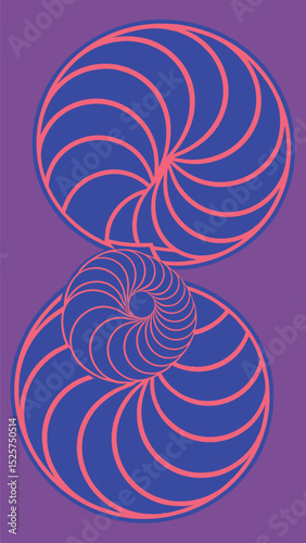 Abstract geometric artwork displaying symmetrical spiral forms with dynamic color contrasts