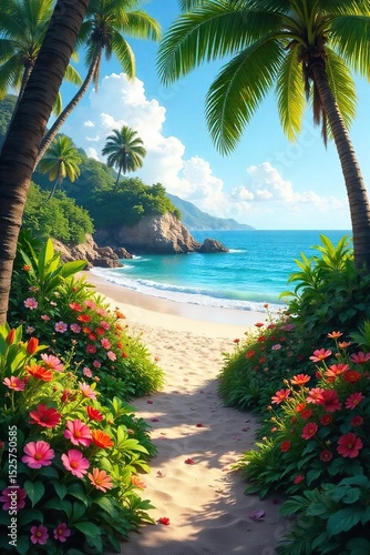 Serene coastal garden scene with lush greenery, vibrant flowers, and sandy beach in the background Perfect for relaxation and tranquility themes , summer, landscape, calm