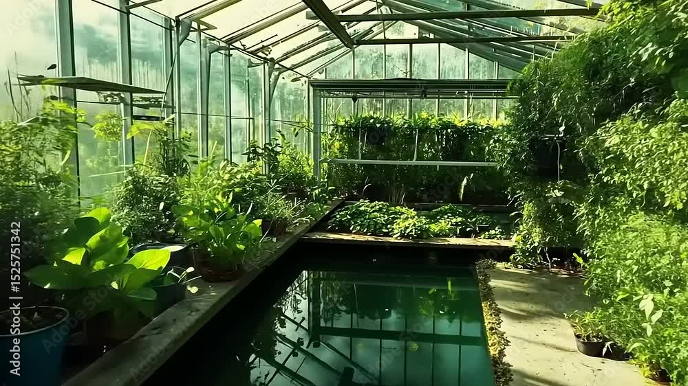 Lush greenhouse filled with vibrant plants and a serene pond, showcasing nature's beauty and tranquility Lush greenhouse filled with vibrant plants and a serene pond, showcasing nature's beauty and tranquility