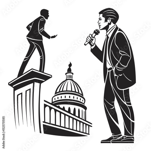 Interviewer with microphone near capitol building, clean cutout