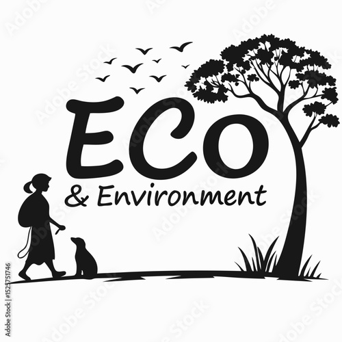 Eco friendly environment woman walking dog tree birds