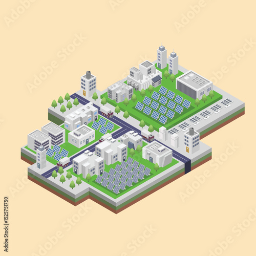 Sustainable City  Isometric Illustration of Eco-Friendly Urban Planning and Renewable Energy Integration