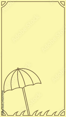 Minimalistic beach illustration with umbrella and waves within a decorative frame
