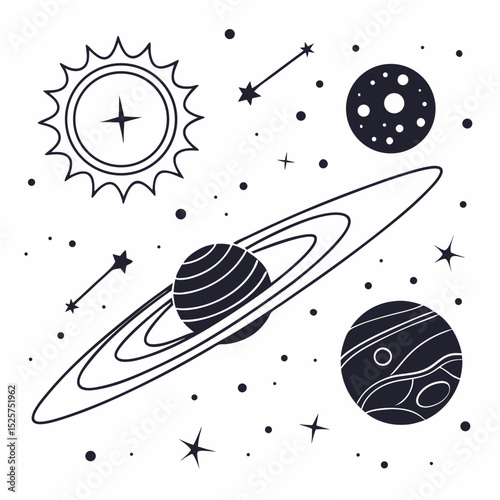 Celestial bodies planets stars sun space design elements