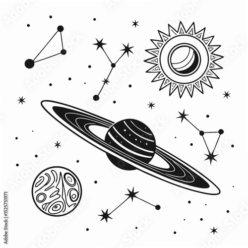 Celestial bodies planets stars constellations space design elements