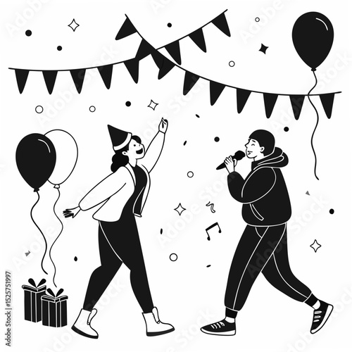 Happy couple celebrating birthday party singing karaoke