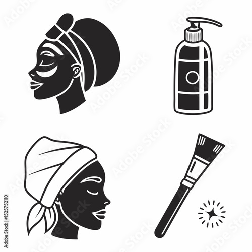 Skincare routine black and white icons set