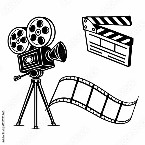 Vintage movie camera film reel clapperboard