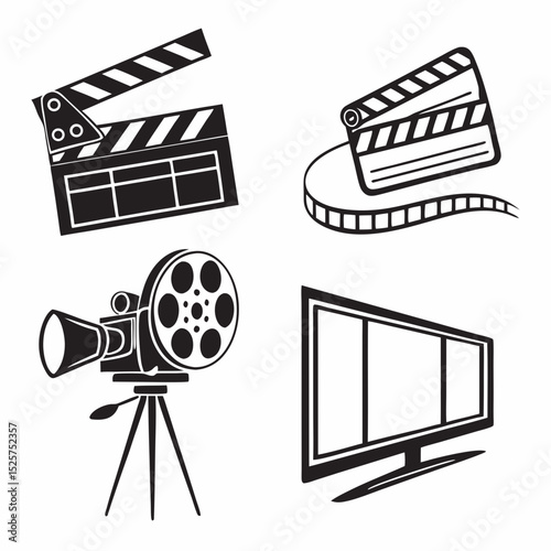 Filmmaking icons clapperboard camera film reel screen