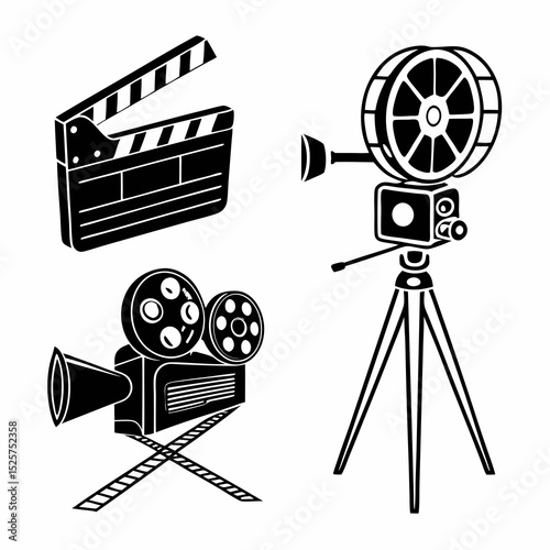 Classic filmmaking equipment icons clapperboard camera reel