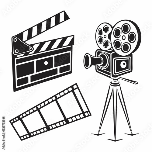 Classic filmmaking icons clapperboard camera film reel