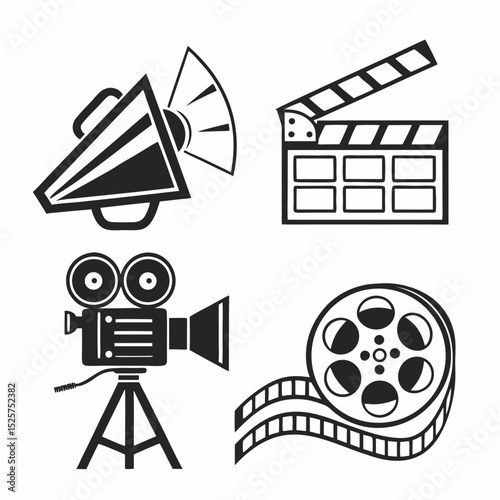 Movie production icons filmmaking clapperboard camera reel
