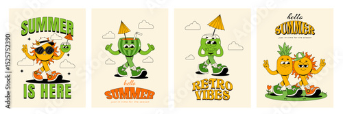 Summer poster set. Retro groovy characters sun, fruits and cocktails with cute face. Vertical vector illustration 60s, 70s style