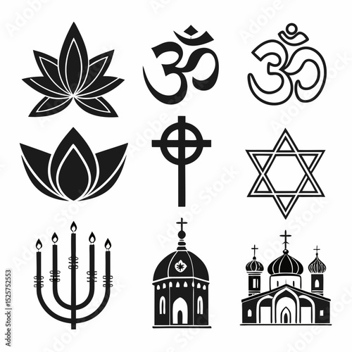 Religious symbols set black and white icons